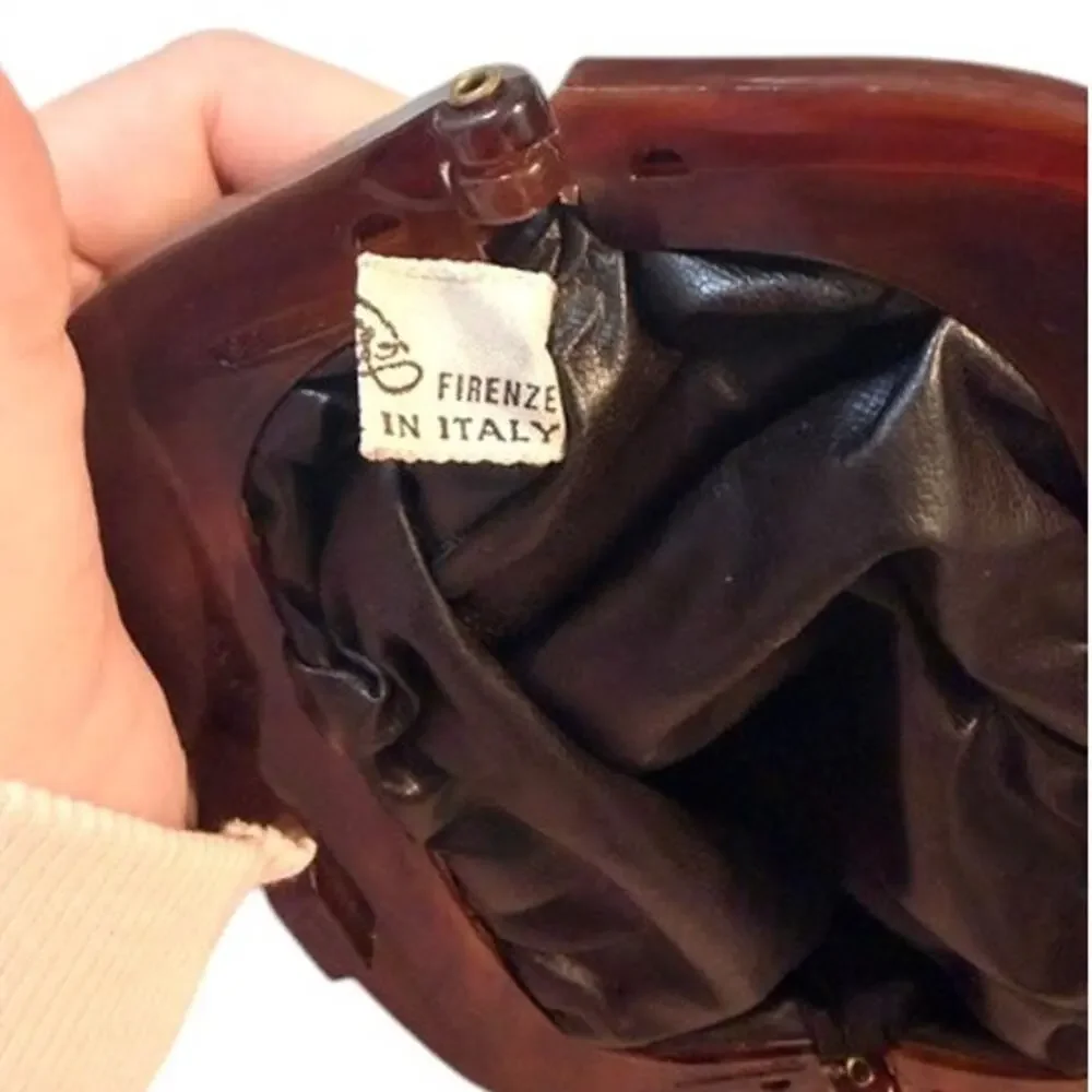 Vintage Firenze Italy Suede Leather Kiss Lock Clutch Purse Brown Marble Frame
